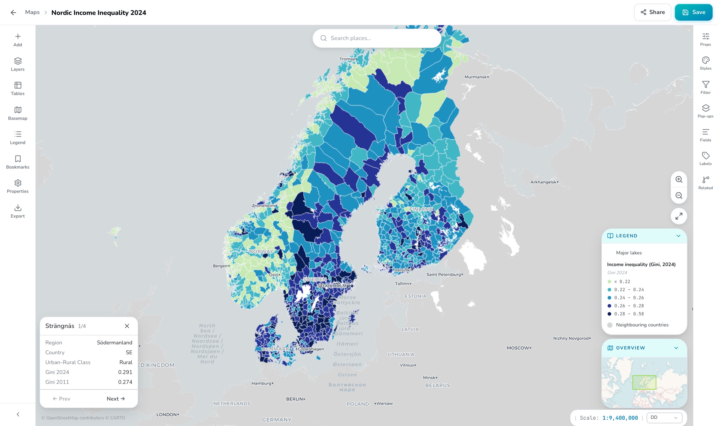 En konfigurerad popup med kommunfakta på den nordiska ojämlikhetskartan